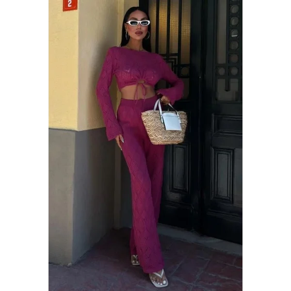 Göğüs Bağcık Detaylı Ajurlu Bluz Pantolon Takım 10098