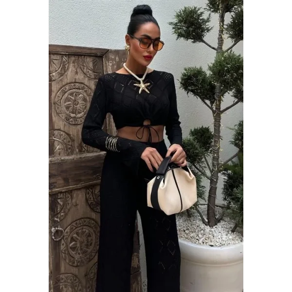 Göğüs Bağcık Detaylı Ajurlu Bluz Pantolon Takım 10098