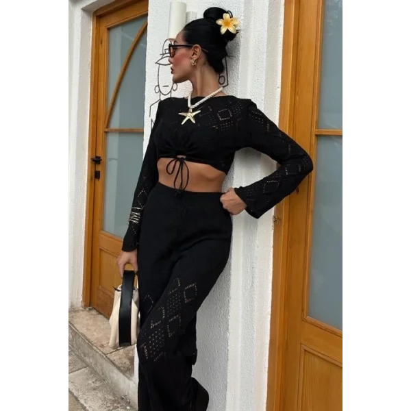 Göğüs Bağcık Detaylı Ajurlu Bluz Pantolon Takım 10098