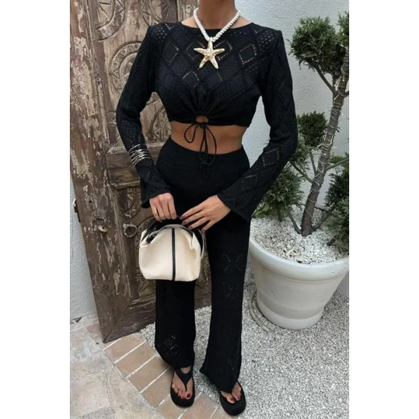 Göğüs Bağcık Detaylı Ajurlu Bluz Pantolon Takım 10098