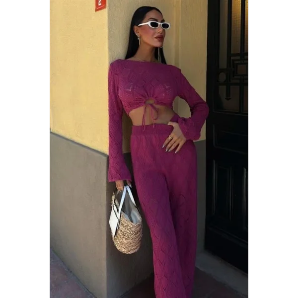 Göğüs Bağcık Detaylı Ajurlu Bluz Pantolon Takım 10098