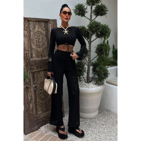 Göğüs Bağcık Detaylı Ajurlu Bluz Pantolon Takım 10098