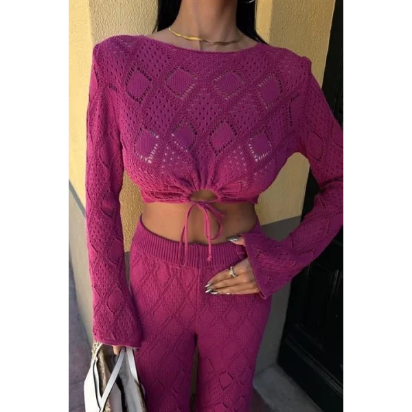 Göğüs Bağcık Detaylı Ajurlu Bluz Pantolon Takım 10098