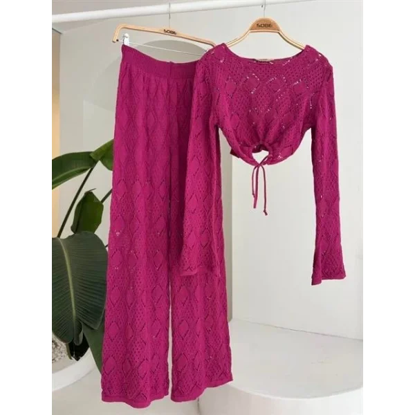 Göğüs Bağcık Detaylı Ajurlu Bluz Pantolon Takım 10098