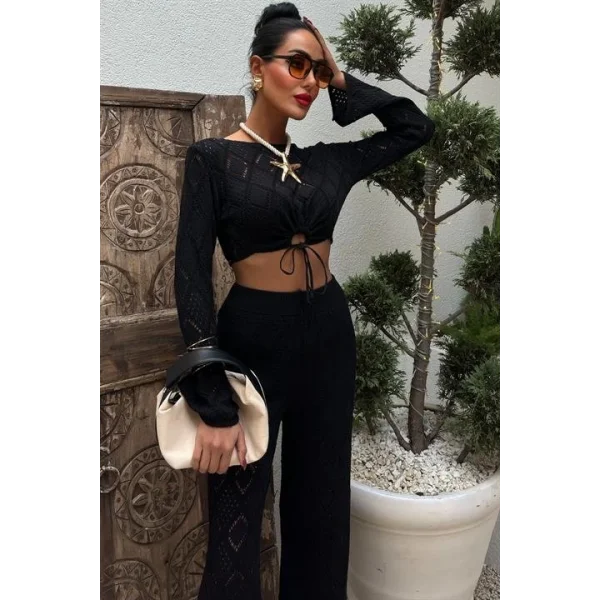 Göğüs Bağcık Detaylı Ajurlu Bluz Pantolon Takım 10098