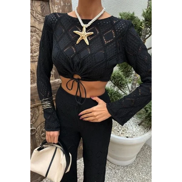 Göğüs Bağcık Detaylı Ajurlu Bluz Pantolon Takım 10098