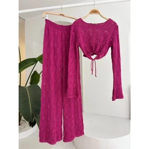 Göğüs Bağcık Detaylı Ajurlu Bluz Pantolon Takım 10098