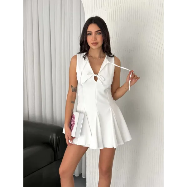 Göğüs Bağlamalı Kolsuz Mini Boy Elbise - Beyaz