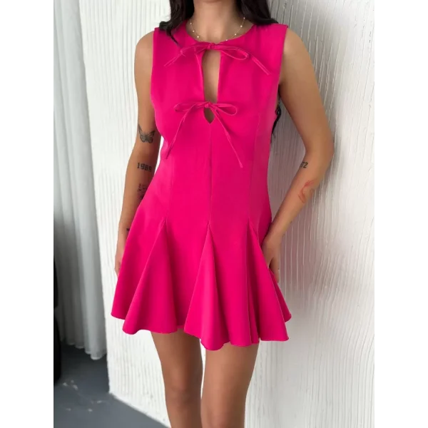 Göğüs Bağlamalı Kolsuz Mini Boy Elbise - Pembe