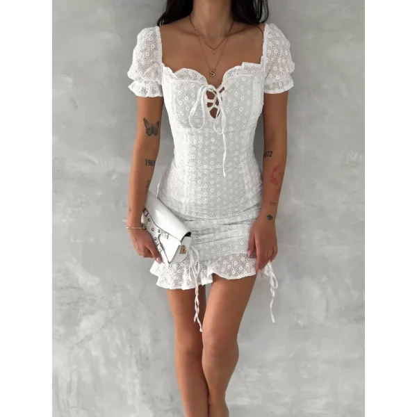 Göğüs Bağlamalı Mini Elbise - Beyaz