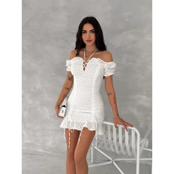 Göğüs Bağlamalı Mini Elbise - Beyaz