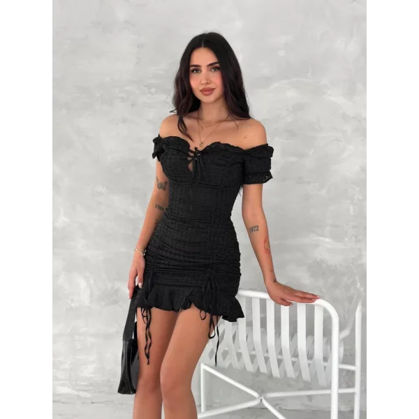 Göğüs Bağlamalı Mini Elbise - Siyah