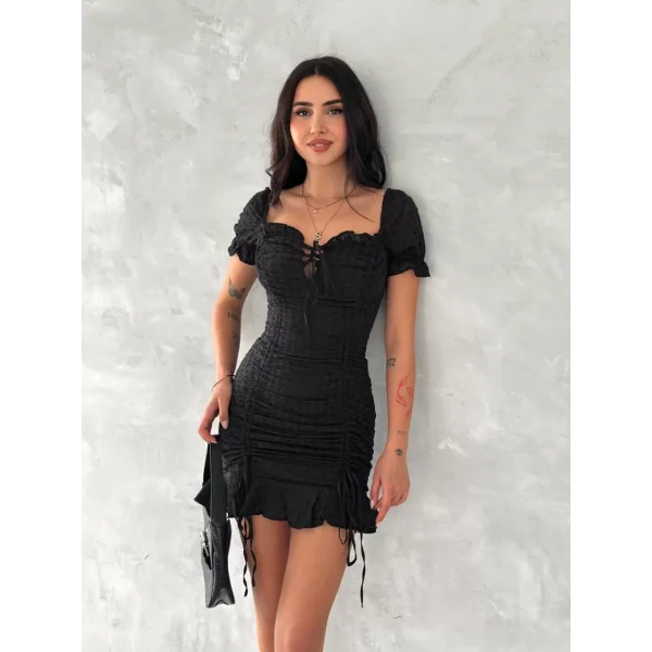 Göğüs Bağlamalı Mini Elbise - Siyah
