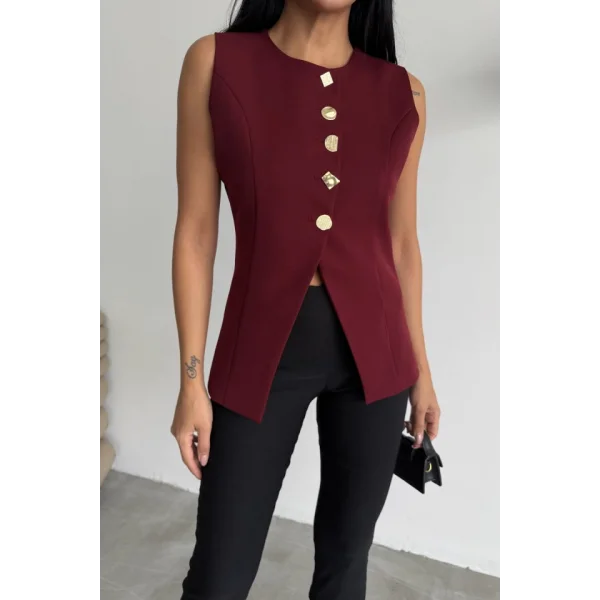 GOLD DÜĞME DETAYLI YELEK - Bordo