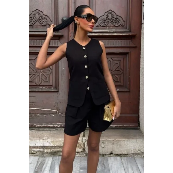 Gold Düğme Detaylı Yelek Şort Cotton Takım 10134-17