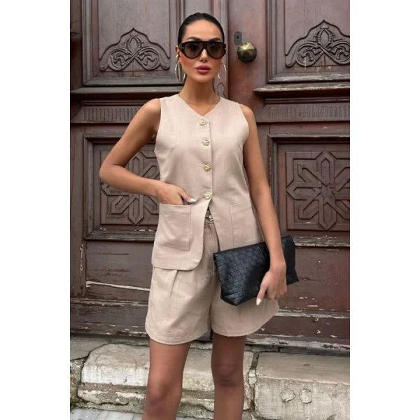 Gold Düğme Detaylı Yelek Şort Cotton Takım 10134-17