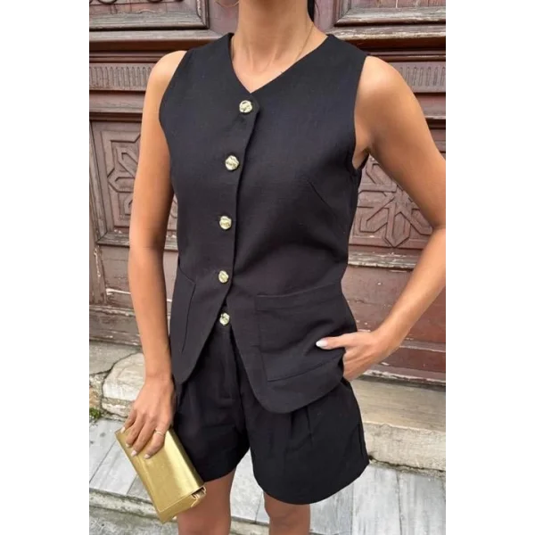 Gold Düğme Detaylı Yelek Şort Cotton Takım 10134-17