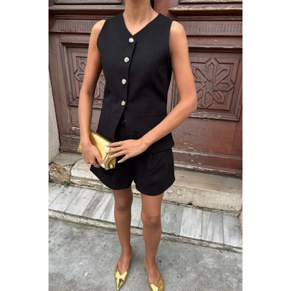 Gold Düğme Detaylı Yelek Şort Cotton Takım 10134-17