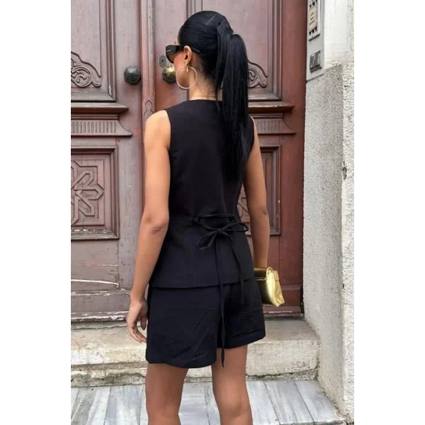 Gold Düğme Detaylı Yelek Şort Cotton Takım 10134-17