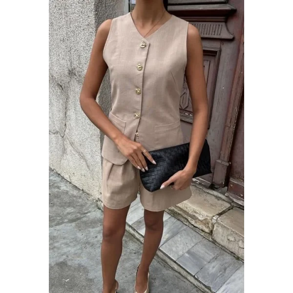 Gold Düğme Detaylı Yelek Şort Cotton Takım 10134-17