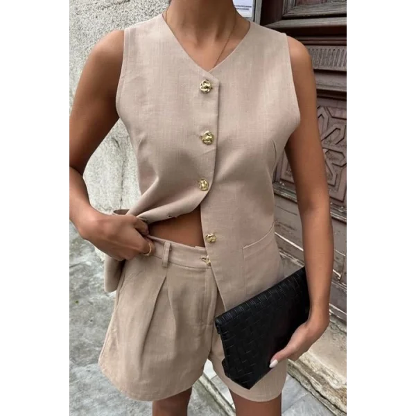 Gold Düğme Detaylı Yelek Şort Cotton Takım 10134-17