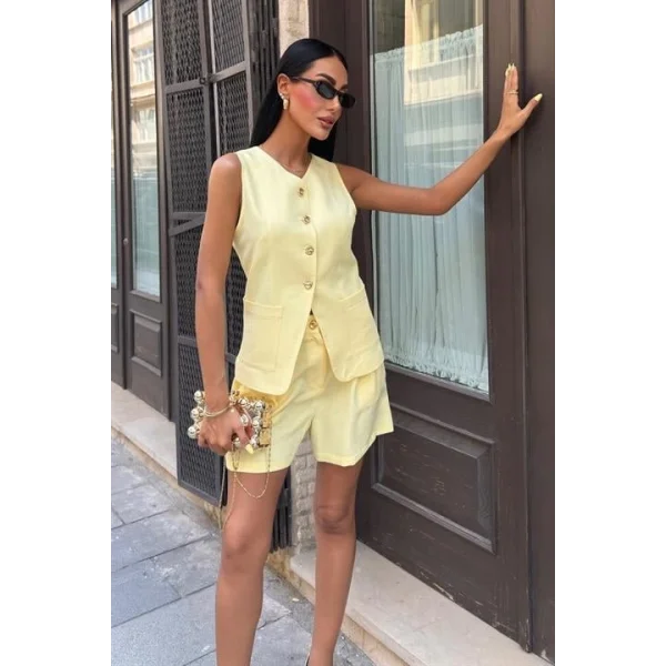 Gold Düğme Detaylı Yelek Şort Cotton Takım 10208