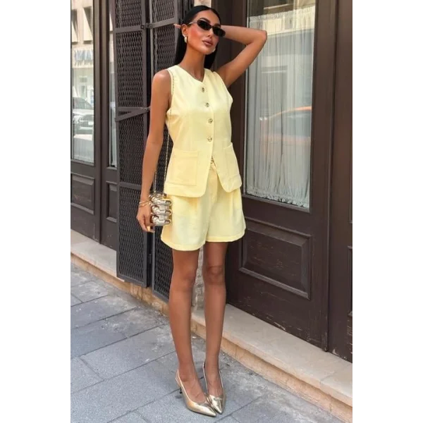 Gold Düğme Detaylı Yelek Şort Cotton Takım 10208