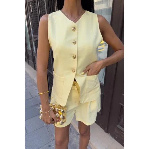 Gold Düğme Detaylı Yelek Şort Cotton Takım 10208