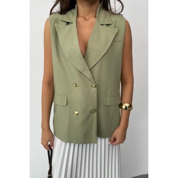 GOLD DÜĞMELİ KETEN YELEK - Yeşil