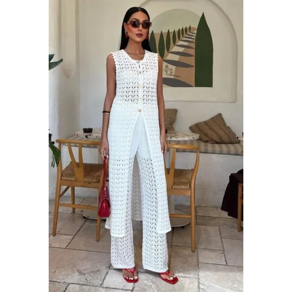 Gold Düğmeli Uzun Yelekli Ajurlu Triko Takım 10143