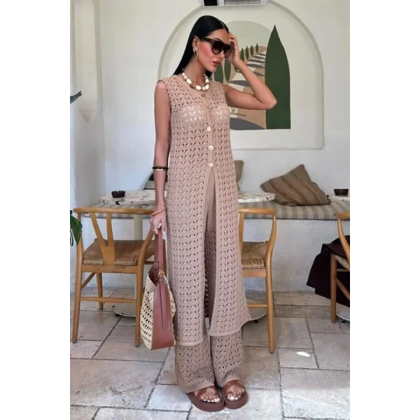 Gold Düğmeli Uzun Yelekli Ajurlu Triko Takım 10143