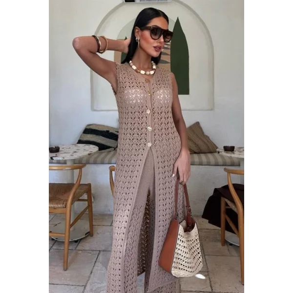 Gold Düğmeli Uzun Yelekli Ajurlu Triko Takım 10143