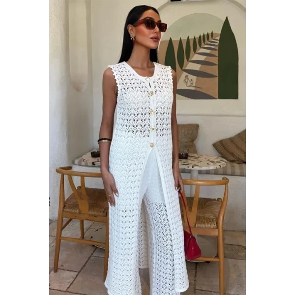 Gold Düğmeli Uzun Yelekli Ajurlu Triko Takım 10143