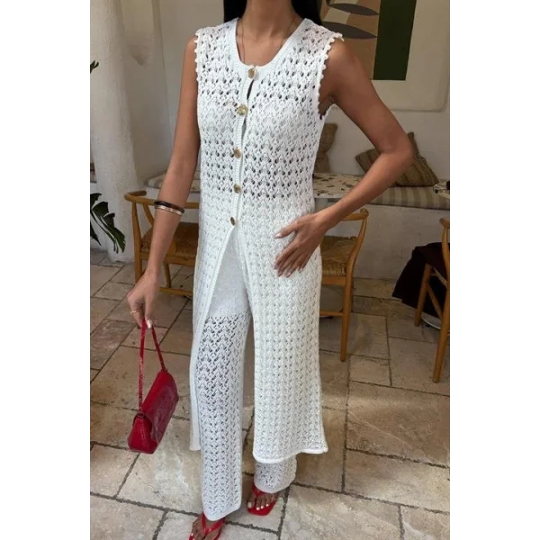 Gold Düğmeli Uzun Yelekli Ajurlu Triko Takım 10143