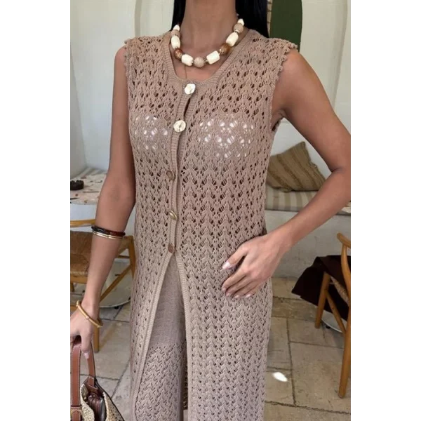 Gold Düğmeli Uzun Yelekli Ajurlu Triko Takım 10143