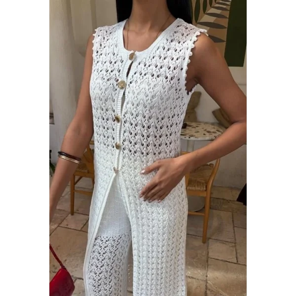 Gold Düğmeli Uzun Yelekli Ajurlu Triko Takım 10143