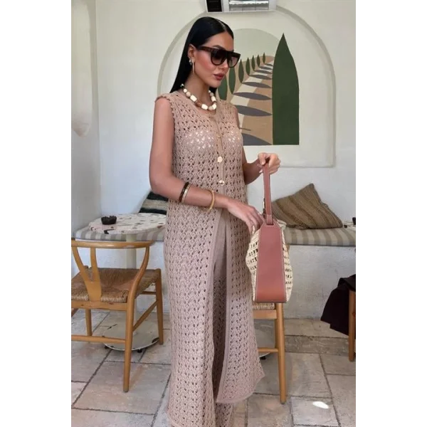 Gold Düğmeli Uzun Yelekli Ajurlu Triko Takım 10143