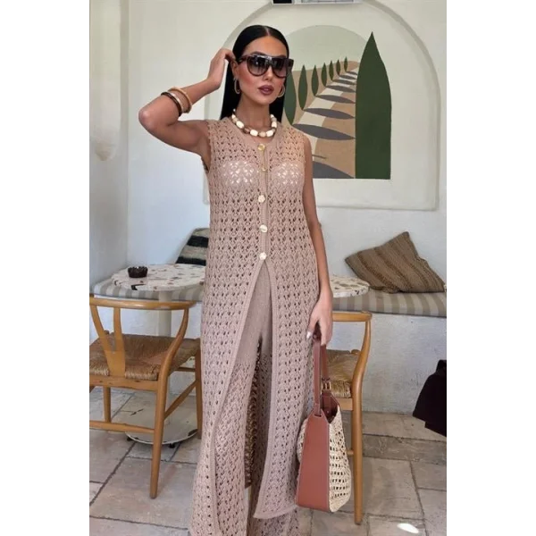 Gold Düğmeli Uzun Yelekli Ajurlu Triko Takım 10143