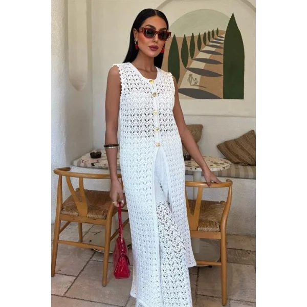 Gold Düğmeli Uzun Yelekli Ajurlu Triko Takım 10143