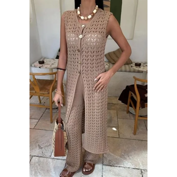 Gold Düğmeli Uzun Yelekli Ajurlu Triko Takım 10143