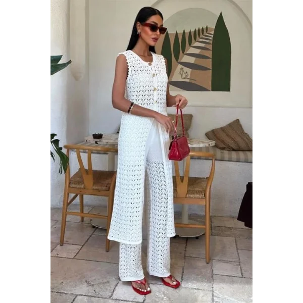 Gold Düğmeli Uzun Yelekli Ajurlu Triko Takım 10143