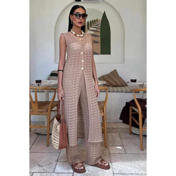 Gold Düğmeli Uzun Yelekli Ajurlu Triko Takım 10143