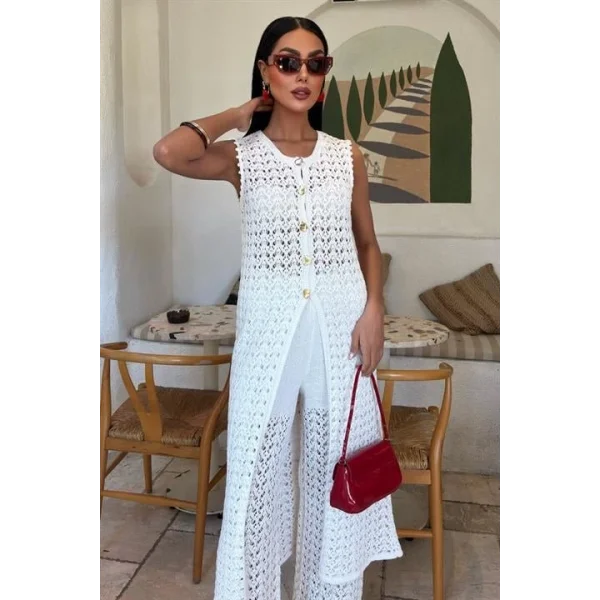 Gold Düğmeli Uzun Yelekli Ajurlu Triko Takım 10143