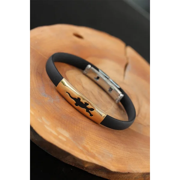 Gold Renk Çelik Semender Tasarım Siyah Renk Silikon Erkek Bileklik