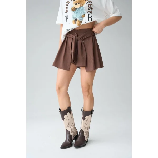 Gömlek Bağlamalı Şort - KAHVE