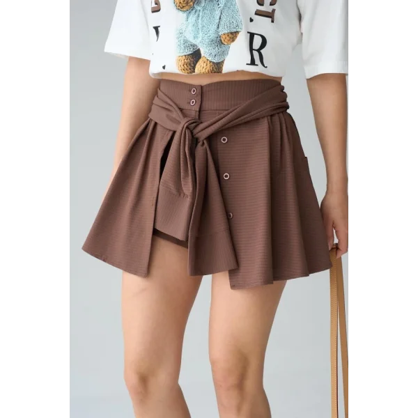 Gömlek Bağlamalı Şort - KAHVE