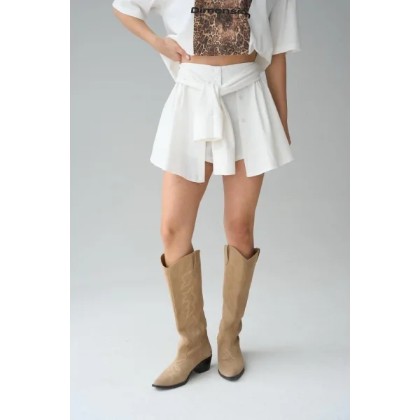 Gömlek Bağlamalı Şort - Krem