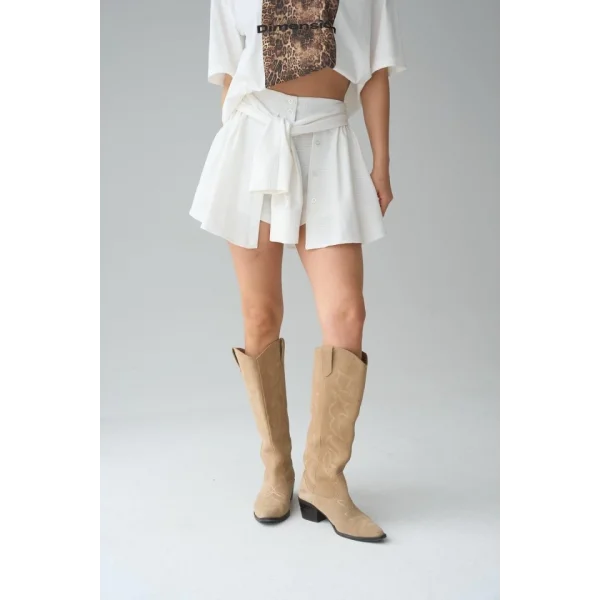 Gömlek Bağlamalı Şort - Krem