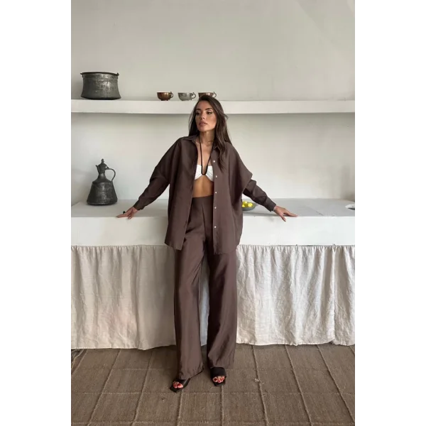 GÖMLEK-PANTOLON TAKIM CUPRA KUMAŞ - Kahverengi