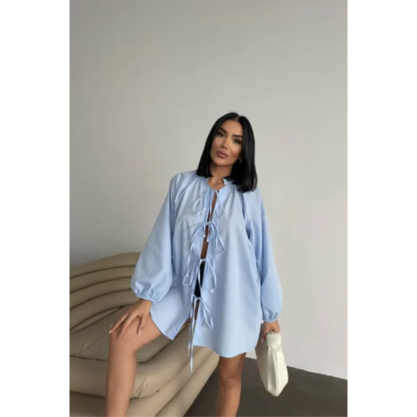 GÖMLEK POPLİN HAKİM YAKA ÖNDEN BAĞLAMA İP DETAYLI - Mavi
